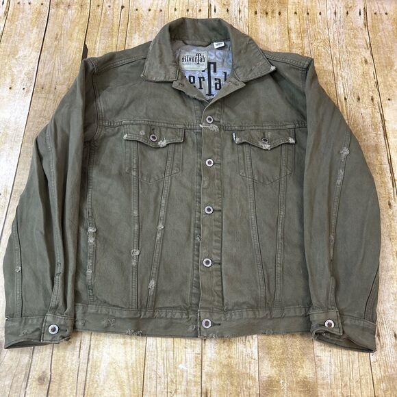 Levis Silvertab Denim Trucker Jacket Olive Drab Green Distressed Large - Picture 4 of 16